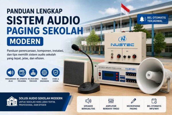Sistem audio paging sekolah modern dengan speaker dan amplifier