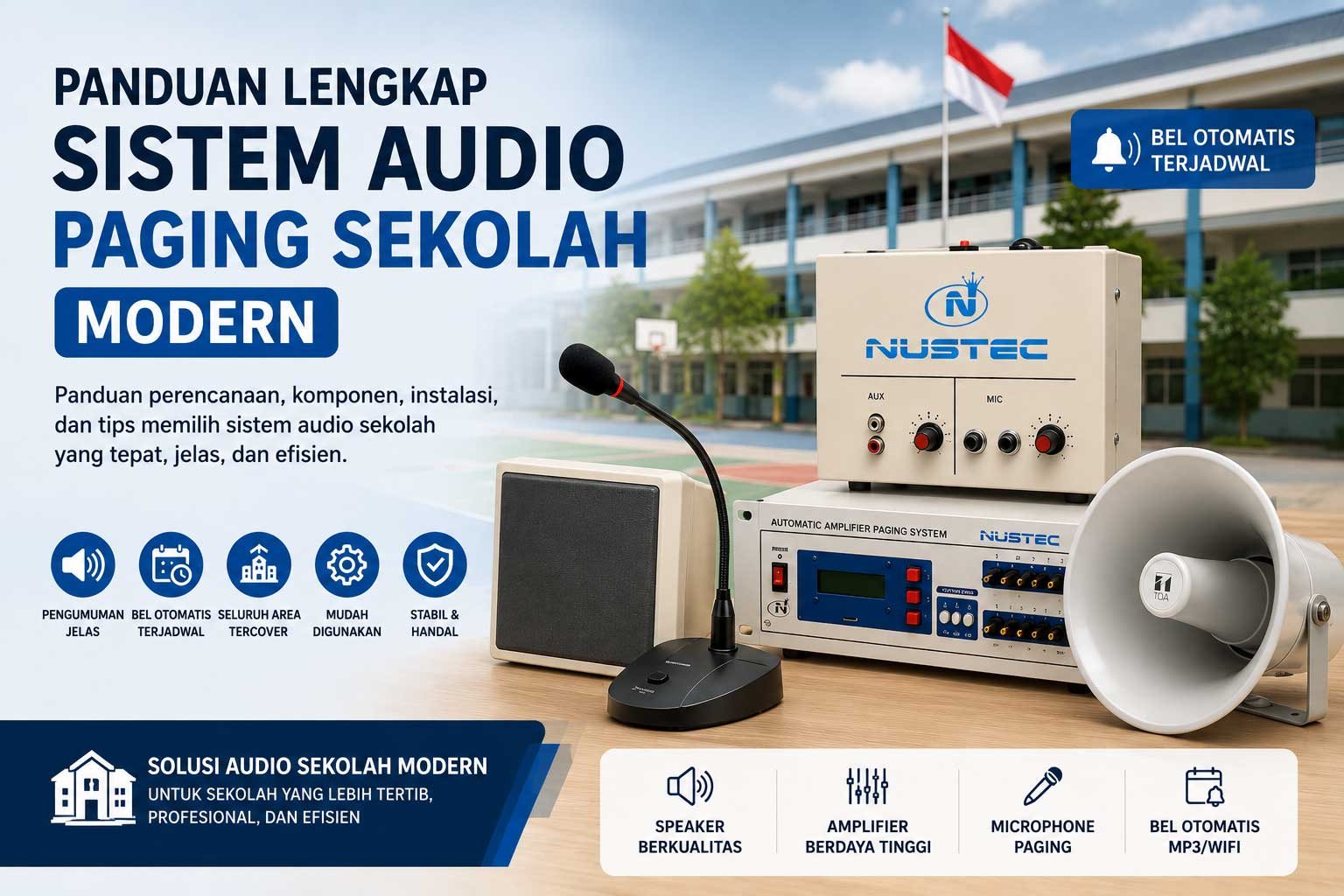 Sistem audio paging sekolah modern dengan speaker dan amplifier