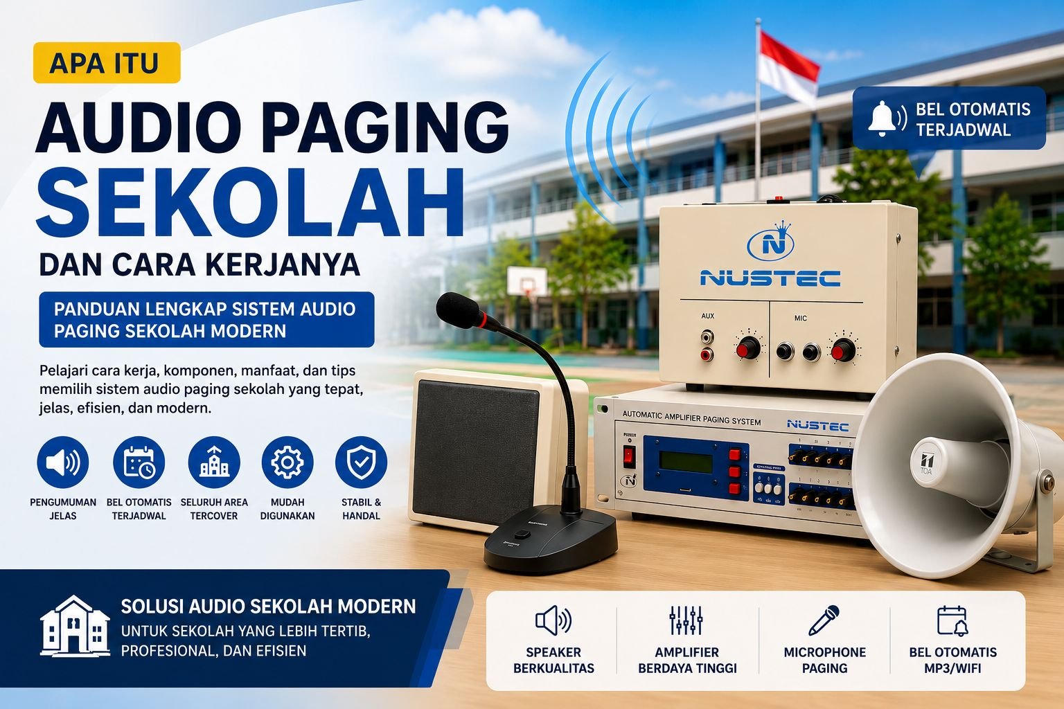 Audio paging sekolah modern dengan speaker dan amplifier