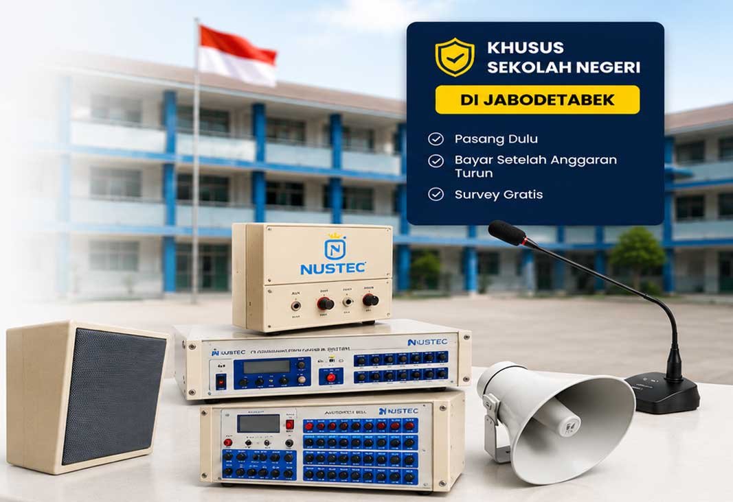 Sistem audio paging sekolah modern dengan speaker dan amplifier