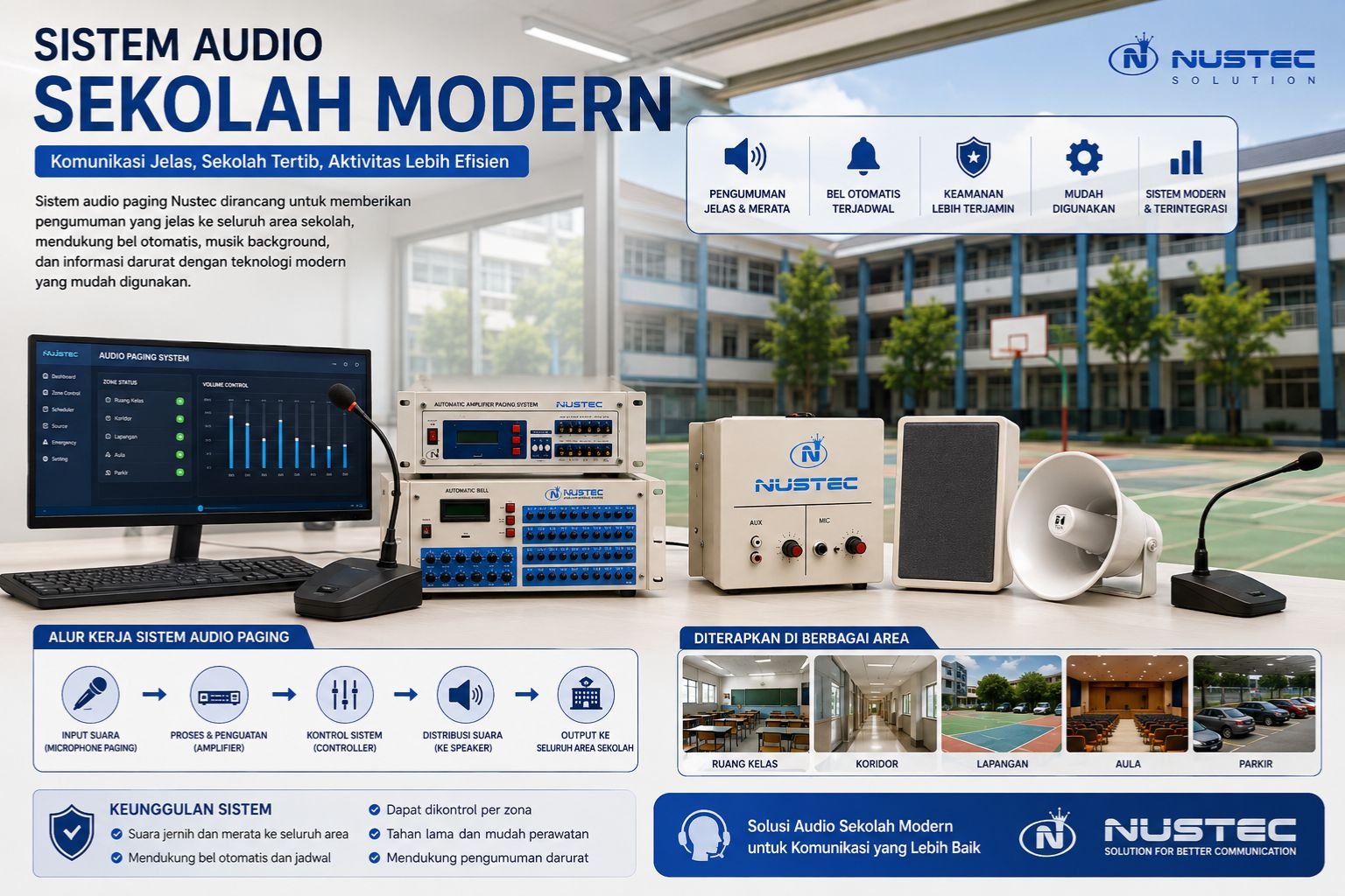 Sistem audio sekolah modern dengan speaker paging dan amplifier Nustec