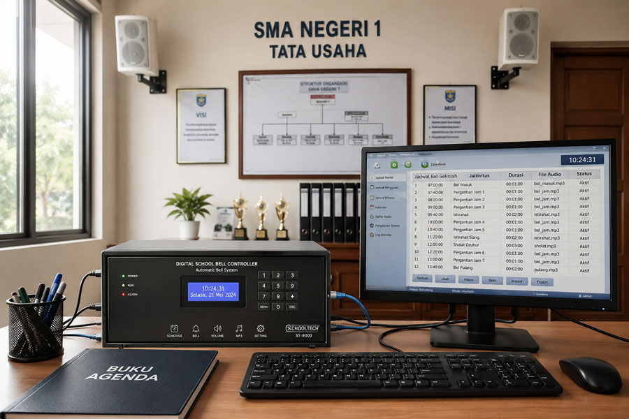 Bel sekolah otomatis digital di ruang tata usaha sekolah.