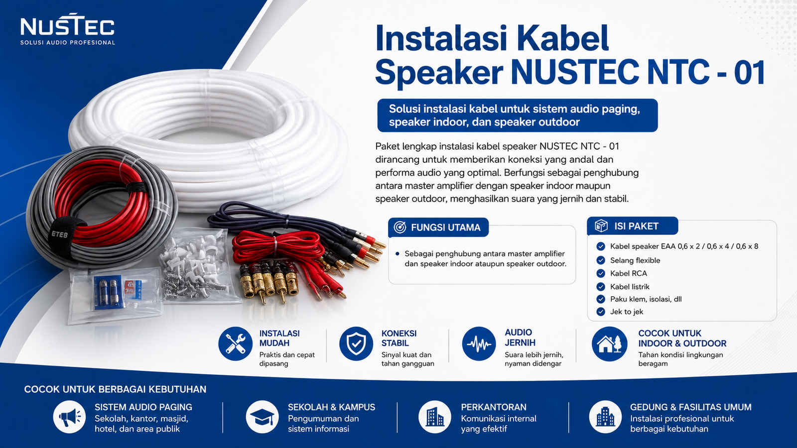 Instalasi kabel speaker Nustec Ntc -01