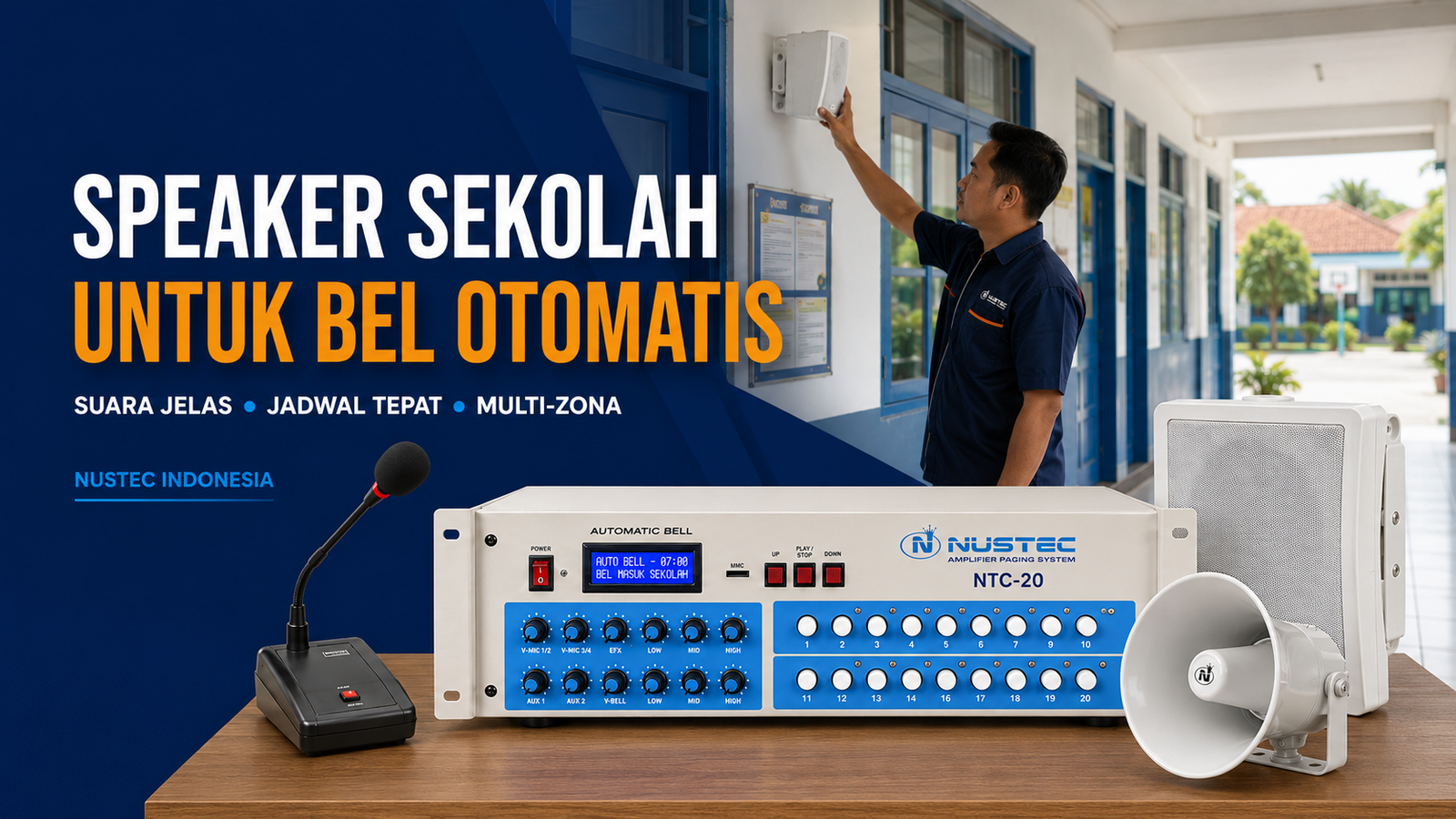 Speaker sekolah untuk bel otomatis NUSTEC dengan amplifier NTC-20, speaker indoor dan horn speaker outdoor