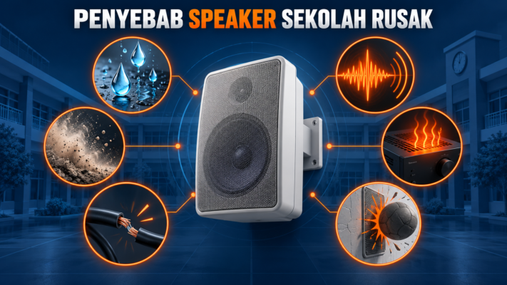 Teknisi melakukan perawatan speaker sekolah