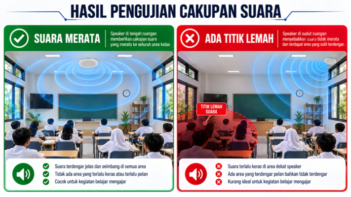 Perbandingan cakupan suara speaker sekolah merata dan titik lemah