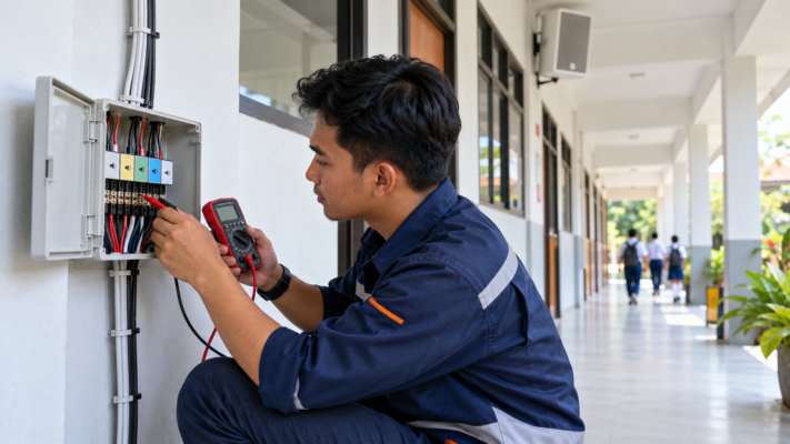 Teknisi memeriksa kabel saat bel otomatis tidak terdengar