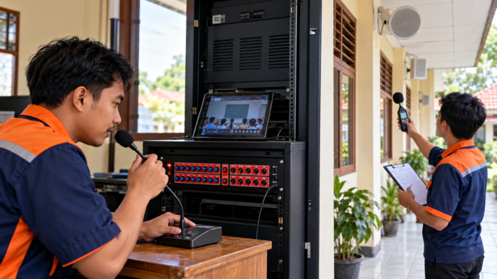 Teknisi NUSTEC melakukan pengujian Audio Paging System sekolah