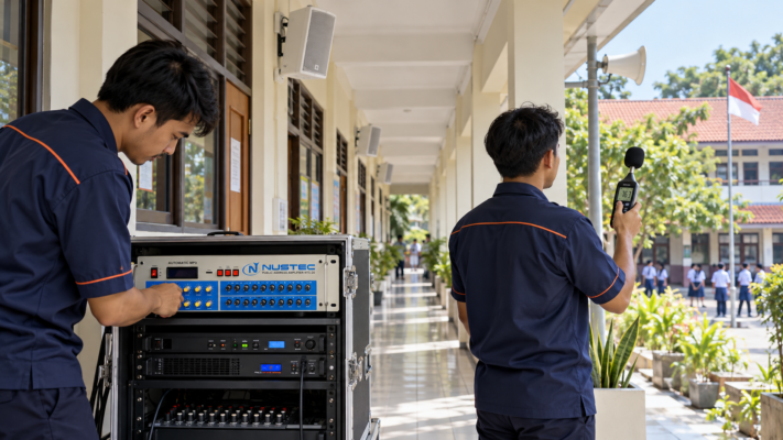 Teknisi NUSTEC menguji jarak dan pemerataan suara speaker sekolah