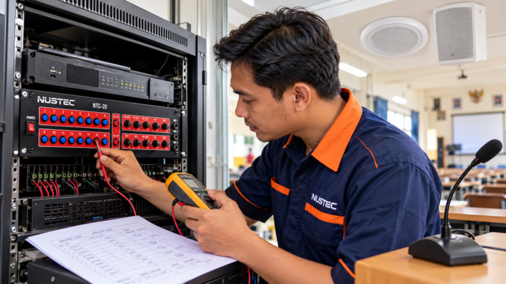 Teknisi memeriksa amplifier speaker sekolah NUSTEC